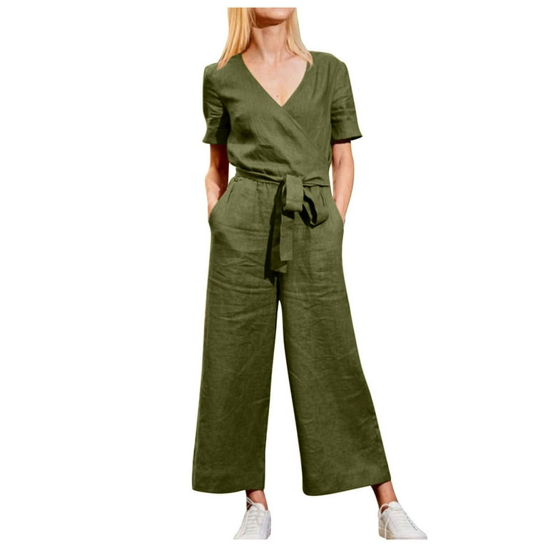 Women s Short Sleeve Cotton Linen Jumpsuit Solid Casual Bow Tie Loose Overalls with Pockets Comfy Wide Leg Pants Office L Green