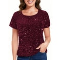 thumbnail image 1 of Women's Short Sleeve Crew Neck All-Over Sequin Embellished Top Stylish Sparkling Blouse- Large, Burgundy, 1 of 6