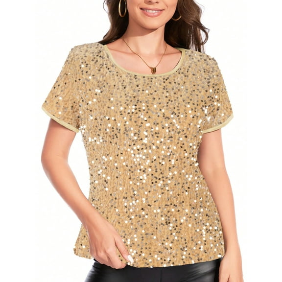 Women's Short Sleeve Crew Neck All-Over Sequin Embellished Top Stylish Sparkling Blouse- Large, Gold