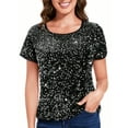 thumbnail image 1 of Women's Short Sleeve Crew Neck All-Over Sequin Embellished Top Stylish Sparkling Blouse- Medium, Black Silver, 1 of 6