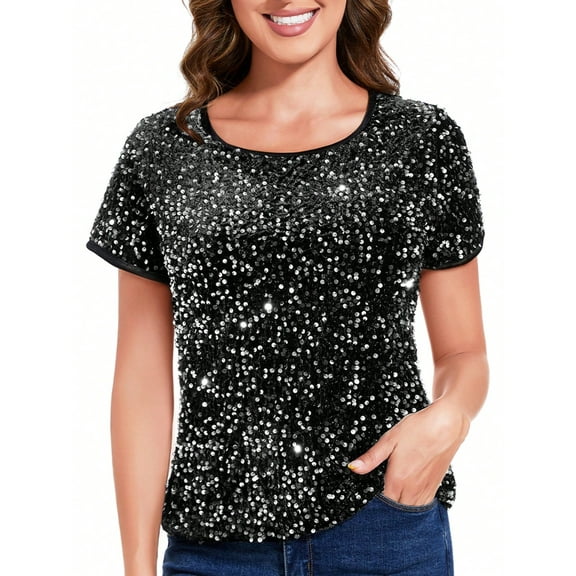 Women's Short Sleeve Crew Neck All-Over Sequin Embellished Top Stylish Sparkling Blouse- Medium, Black Silver