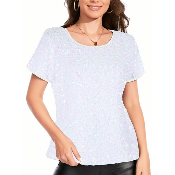 Women's Short Sleeve Crew Neck All-Over Sequin Embellished Top Stylish Sparkling Blouse- Medium, White Pink
