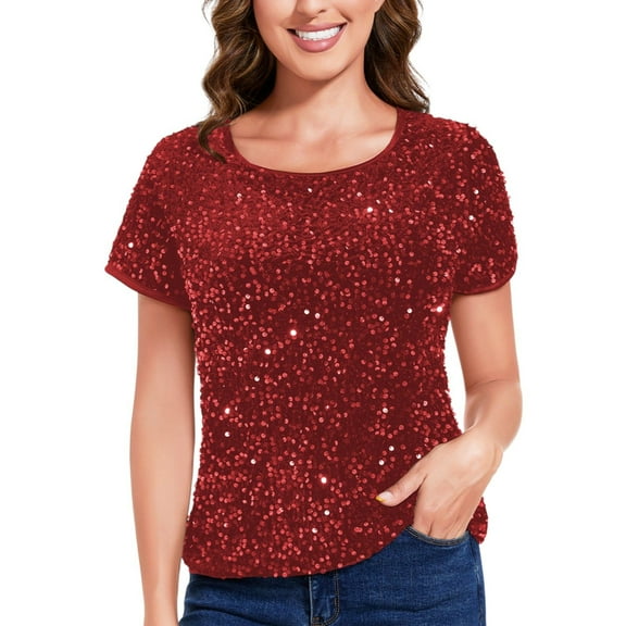 Women's Short Sleeve Crew Neck All-Over Sequin Embellished Top Stylish Sparkling Blouse - Small, Red