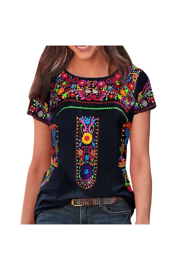 Women's Short Sleeve Crew Neck Floral Print Blouse Mexican T-Shirts Casual Loose Tops Mexico Summer Shirt