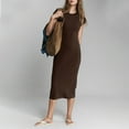 thumbnail image 1 of Women's Short Sleeve Crew Neck Midi Dress Solid Color Slim Fitting Loungewear Casual Dress Stretchy for Casual Daily Wear Brown S, 1 of 7