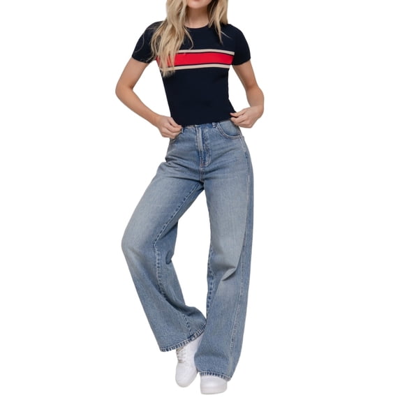 Women's Short Sleeve Crew Neck Multi Striped Knit Sweater Top