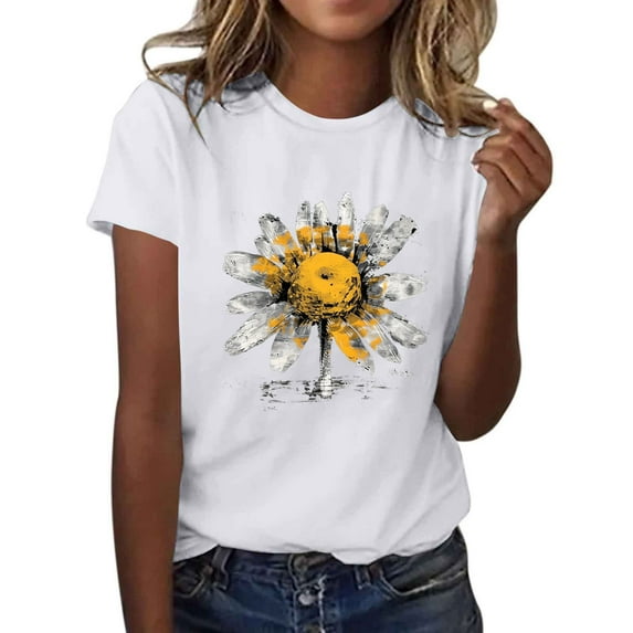 Women's Short Sleeve Crew Neck Sunflower Graphic Printed Summer Tee Vintage T Shirt Cotton Tops Novelty Shirt 2025