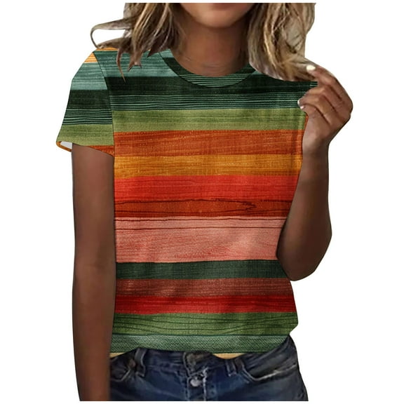Women's Short Sleeve Crew Neck Tee Tops Stripe Color Block Casual T-Shirts Summer Clothes Blue,M