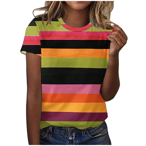 Women's Short Sleeve Crew Neck Tee Tops Stripe Color Block Casual T-Shirts Summer Clothes Blue,M