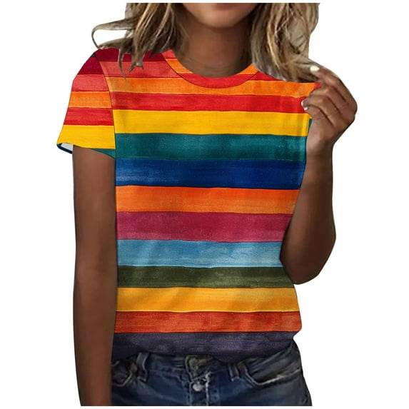 Women's Short Sleeve Crew Neck Tee Tops Stripe Color Block Casual T-Shirts Summer Clothes Blue,M