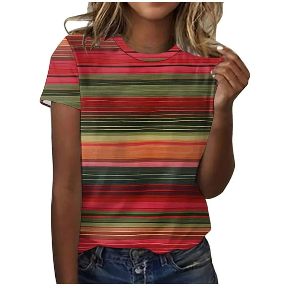 Women's Short Sleeve Crew Neck Tee Tops Stripe Color Block Casual T-Shirts Summer Clothes Blue,XL