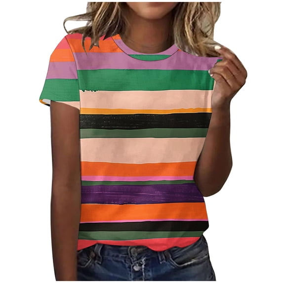 Women's Short Sleeve Crew Neck Tee Tops Stripe Color Block Casual T-Shirts Summer Clothes Blue,XL