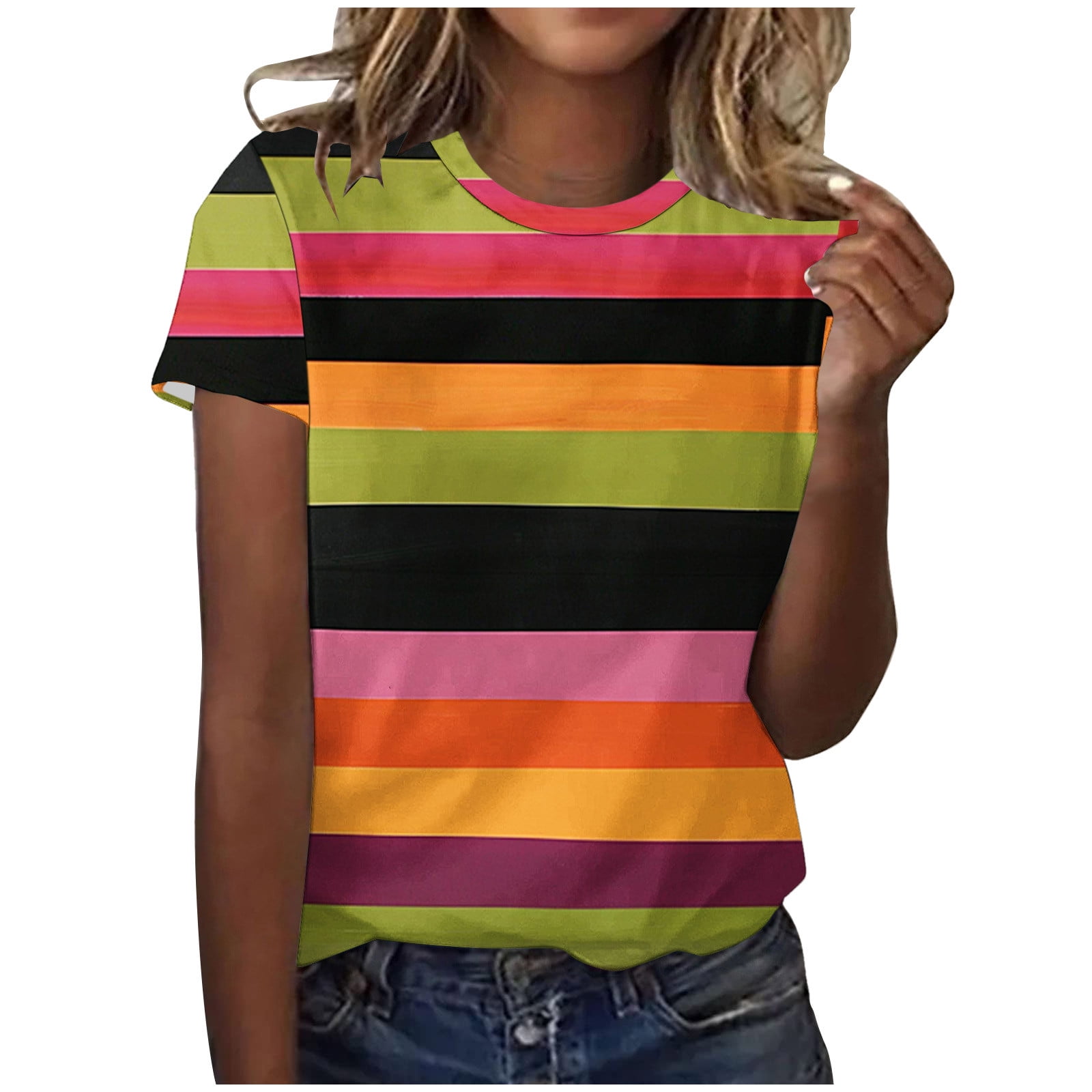 Women's Short Sleeve Color Block Striped Tee - Casual Loose Blouse Top (Dark Blue, Small) - View #7