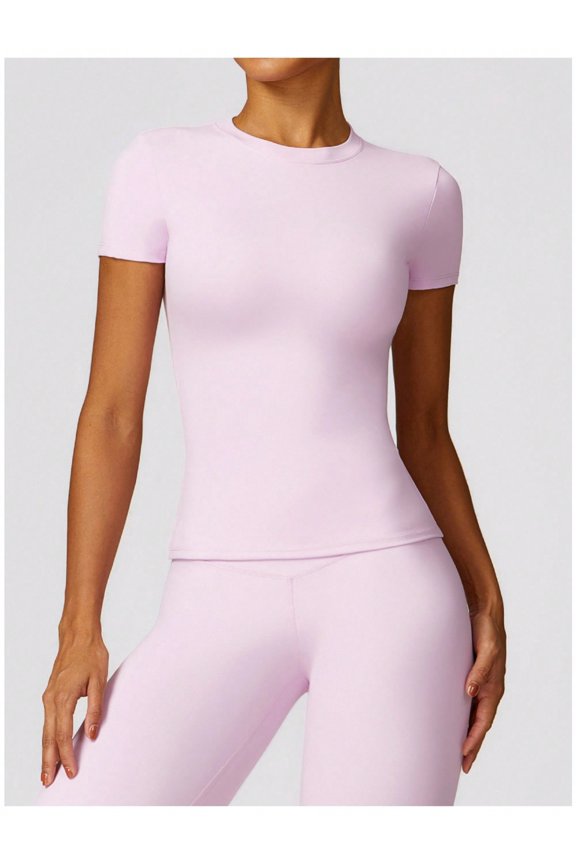 Women's Short Sleeve Crew Neck Top Shirts with Seamless Fit and Stretch Fabric- Small, Pink