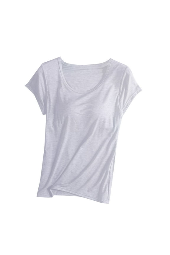 Women's Short Sleeve Crew Neck Yoga Sports Tees Shirt with Built In Bra Casual Comfy Solid Color Basic Workout Tops White XL