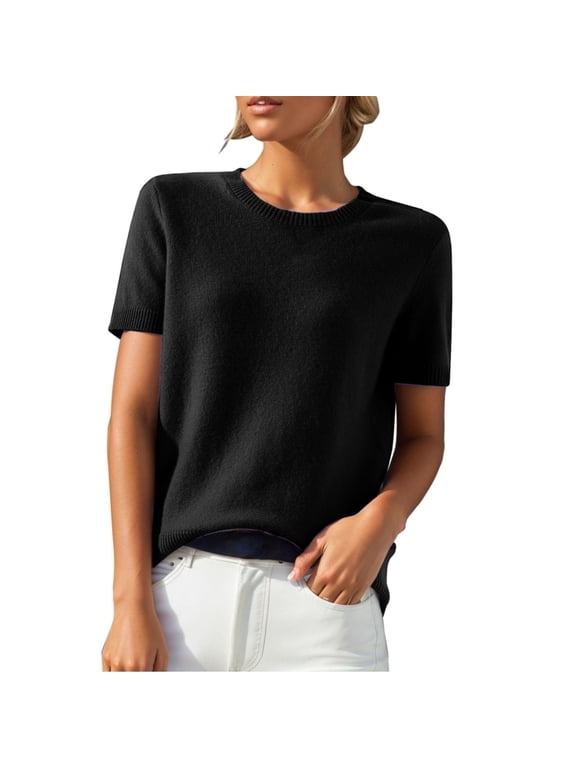 Merino Wool Short Sleeve Crewneck Sweater Top 100% Merino Wool Crew Neck Pullover Tee for Women Black L