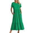 thumbnail image 1 of Women's Short Sleeve Crewneck Swing Dress Flowy Tiered Maxi Beach Dress With Pockets Elegant Leisure Dresses, 1 of 6