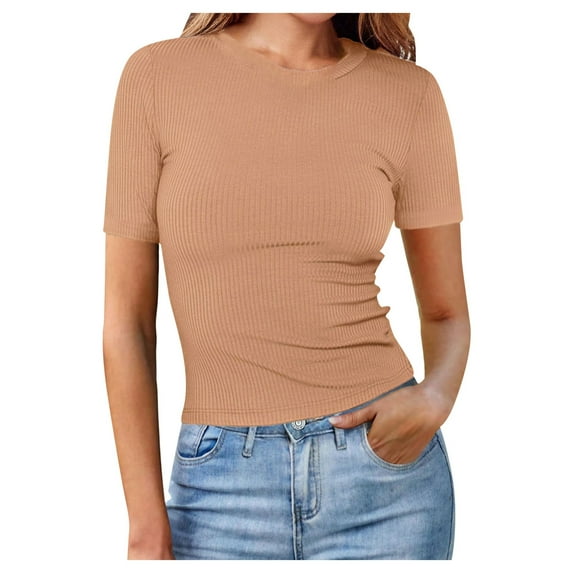 Women's Short Sleeve Crewneck Top Casual Slim Fit Ribbed Knit Basic Tee