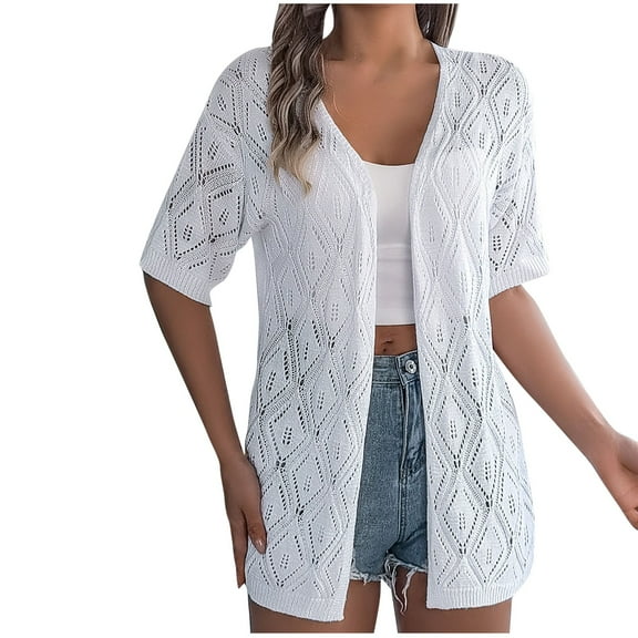 Women's Short Sleeve Crochet Cardigan Sweater for Summer Lightweight
