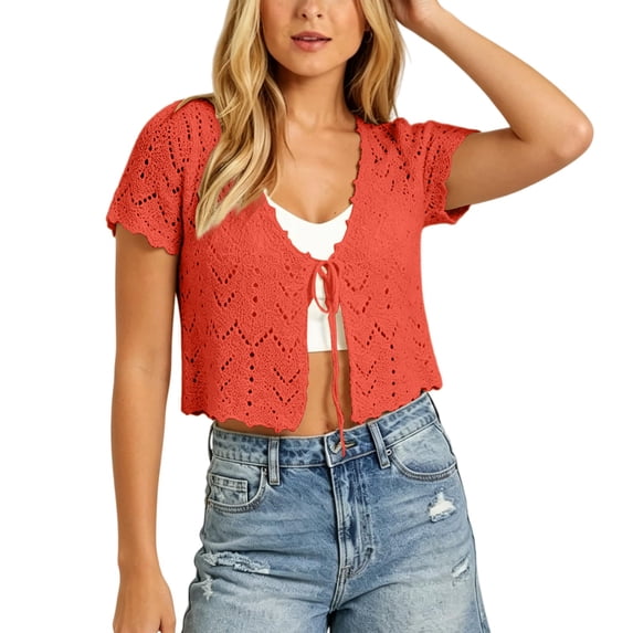 Women's Short Sleeve Crochet Openwork Bolero Cardigan with Tie Front, Lightweight Hollow Out Open Front Knit Shrug for Beach Summer Dresses Weddings Casual Dating Office Street Travel Watermelon Red