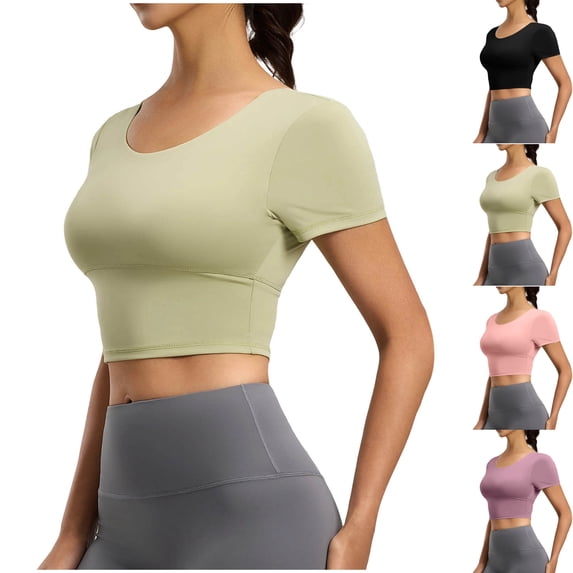 Women's Short Sleeve Crop Shirts Scoop Neck Slim Fit Strappy Open Back Criss Cross Jersey Summer Activewear, Workout Yoga Pilates Athletic Fitness Running Tops