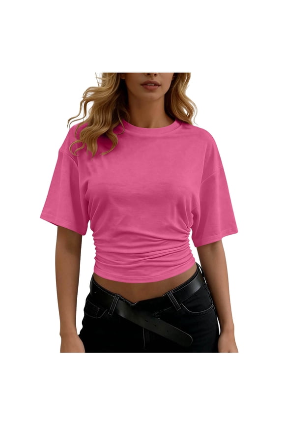 Women's Short Sleeve Crop Tops Summer Ruched Slim Fitted Basic Tee Casual Going Out Cropped T Shirts