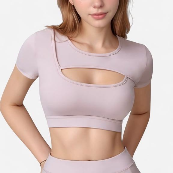 Women's Short Sleeve Cropped Active Top with Keyhole Front Cutout and Built-In Bra for Medium Support - Small, Pink