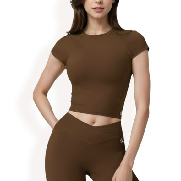 Women's Short Sleeve Cropped Activewear Top with Fitted Silhouette - Medium, Brown