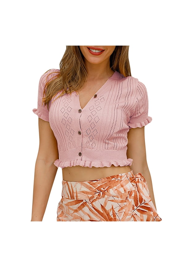 Women's Short Sleeve Cropped Cardigan 2025 Summer Lightweight Crochet Button V Neck Knit Sweater Tops