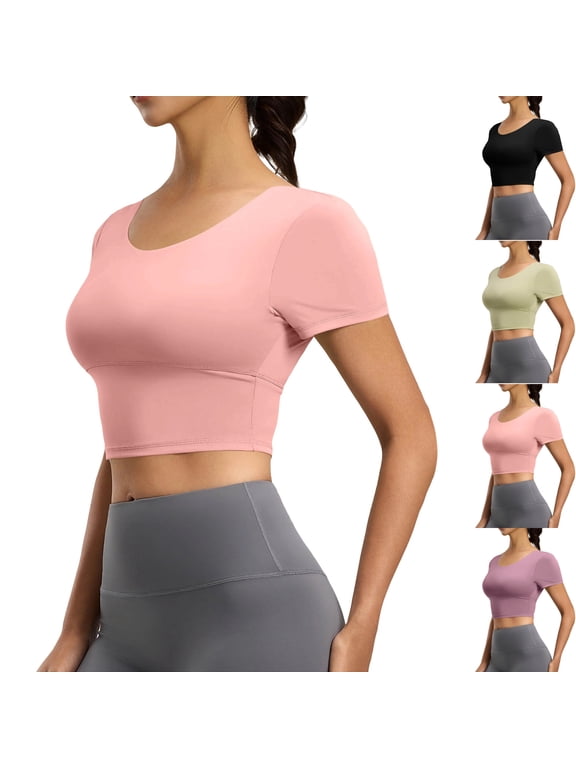 Women's Short Sleeve Cropped Shirts Scoop Neck Slim Fit Open Back Criss Cross Jersey Summer Activewear Tops for Workout Yoga Pilates Athletic Fitness Running