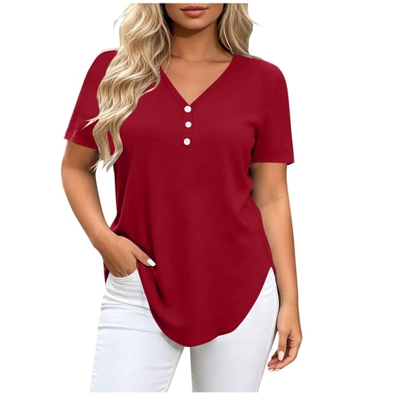 Women's Short Sleeve Curved Hem Shirts Summer Oversized V-Neck Button Down T-Shirt Casual Plain Daily Wear Tops Red