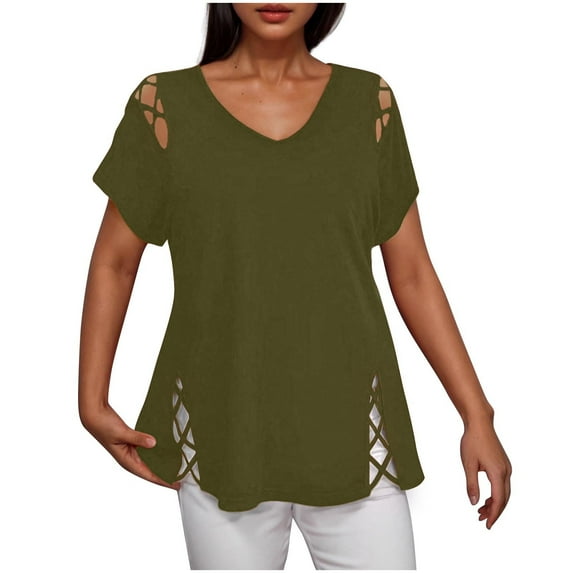 Women's Short Sleeve Cut Out Cold Shoulder Tops Deep V Neck T Shirts