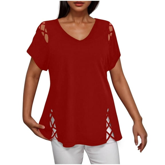 Women's Short Sleeve Cut Out Cold Shoulder Tops Deep V Neck T Shirts