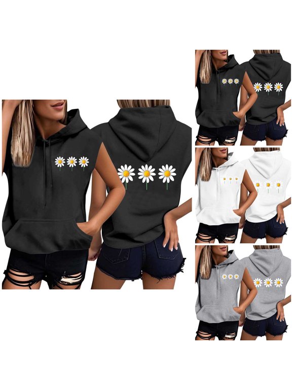 Women's Short Sleeve Daisy Flowers Summer Graphic Hooded Top Casual Loose Fit Pullover Sweatshirt with Pockets