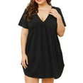 thumbnail image 1 of Women's Short Sleeve Deep V Neck Swing Plus Size Dresses Casual Summer Basic Solid T Shirt Dress,XL-4XL, 1 of 7