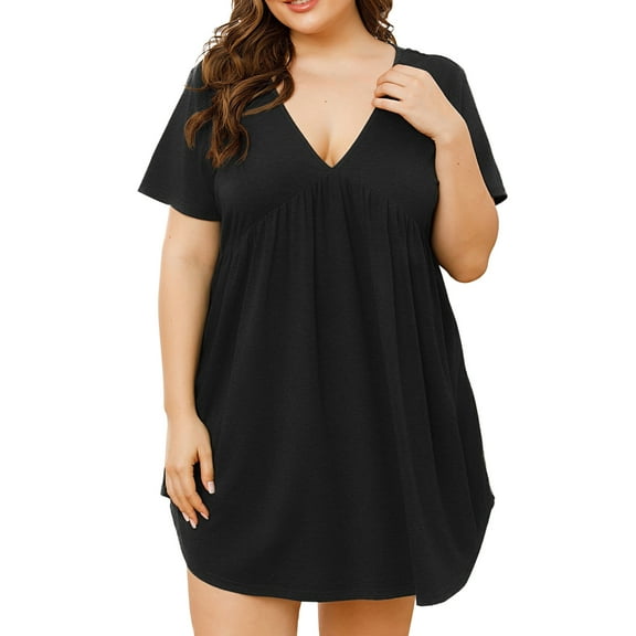Women's Short Sleeve Deep V Neck Swing Plus Size Dresses Casual Summer Basic Solid T Shirt Dress,XL-4XL