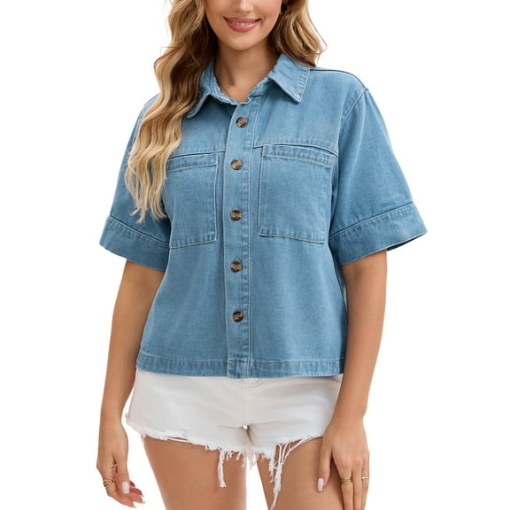 INSPIRE CHIC Women's Short Sleeve Denim Jacket Button Down Boxy Shirt Tops Casual Jean Jackets L Light Blue
