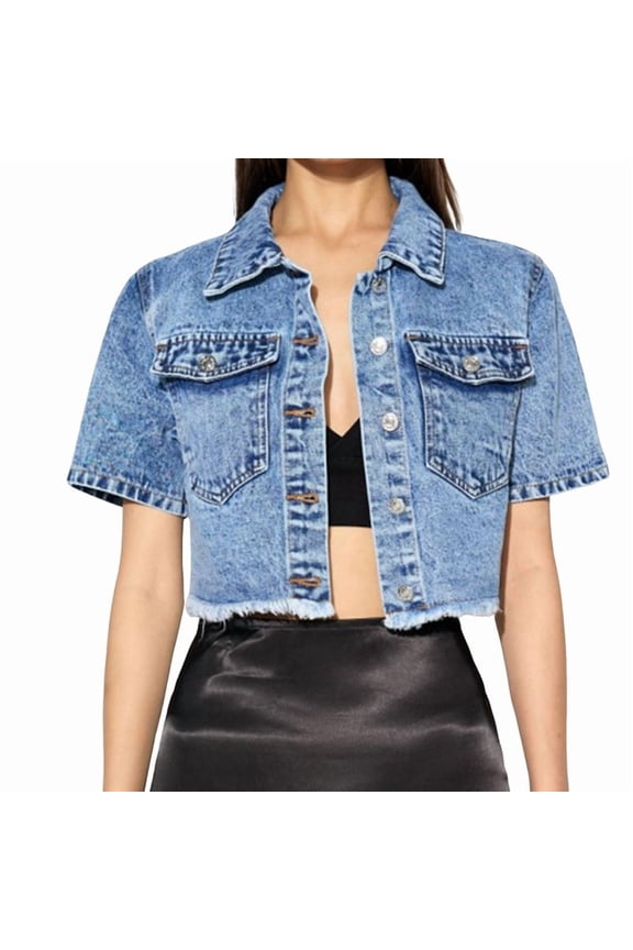 Women's Short Sleeve Denim Jacket Button Down Trucker Jacket Y2K Cropped Jean Jackets Blue M