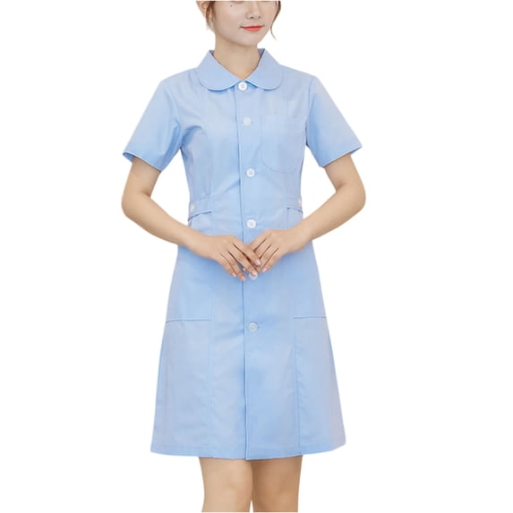 Women’s Short Sleeve Doll Collar Uniform Dress Button Front A Line Workwear for Healthcare Hospitality Service Blue L