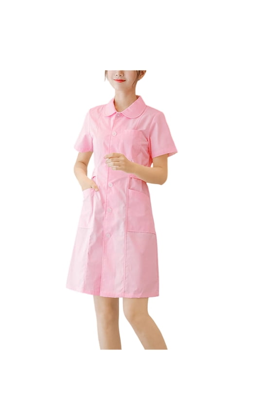 Women’s Short Sleeve Doll Collar Uniform Dress Button Front A Line Workwear for Healthcare Hospitality Service Pink S