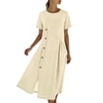 thumbnail image 1 of Women's Short Sleeve Dress Cotton Linen Crew Neck Button Side Slit Maxi Dresses Casual Loose Summer Outfits (S, Beige), 1 of 9