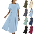 thumbnail image 1 of Women's Short Sleeve Dress Cotton Linen Crew Neck Button Side Slit Maxi Dresses Casual Loose Summer Outfits (XL, Blue), 1 of 8