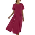 thumbnail image 1 of Women's Short Sleeve Dress Cotton Linen Crew Neck Button Side Slit Maxi Dresses Casual Loose Summer Outfits (XXL, Wine), 1 of 9