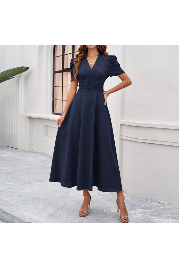 Women's Short Sleeve Dress High Waist V Neck Puff Sleeve Dresses Wedding Guest Formal Evening Party Maxi Dress Woman Dresses Casual Long Sleeve Dresses Casual for Women Petite Dresses for Women Summer