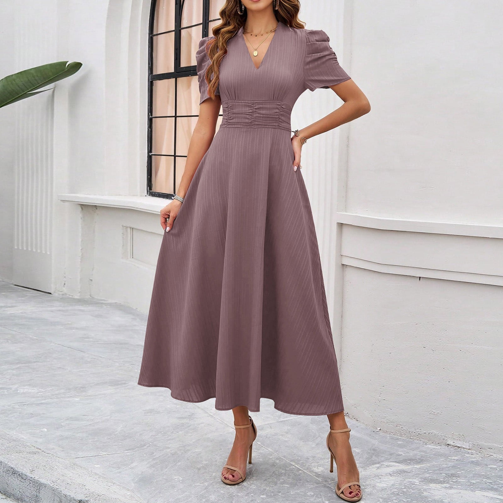 Women's Short Sleeve Dress High Waist V Neck Puff Sleeve Dresses Wedding Guest Formal Evening Party Maxi Dress Woman Dresses Casual Long Sleeve Dresses Casual for Women Petite Dresses for Women Summer