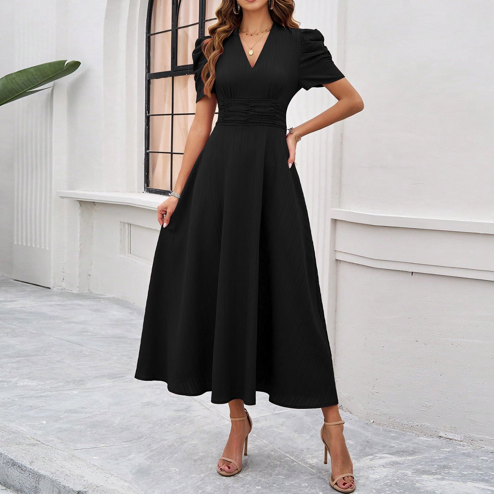 Women's Short Sleeve Dress High Waist V Neck Puff Sleeve Dresses Wedding Guest Formal Evening Party Maxi Dress Woman Dresses Casual Long Sleeve Dresses Casual for Women Petite Dresses for Women Summer