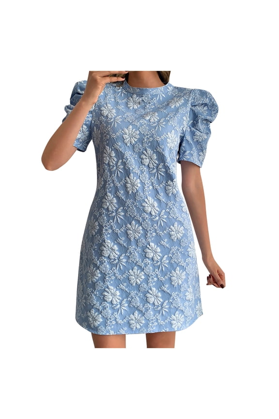 Women's Short Sleeve Dress Round Neck Textured Puff Sleeve Jacquard Knee Length Dresses Blue M