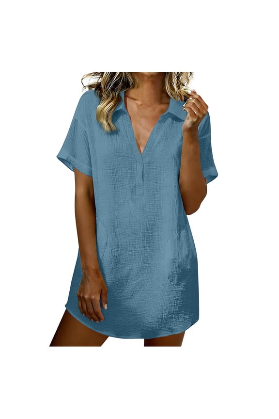 Women's Short Sleeve Dress Tunic Cotton Linen Skirt Solid V Neck Dresses Drop Shoulder Sundresses Curved Hem Top Loose Breathable Skirts with Pockets Summer Beach Vacation Tops