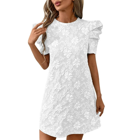 Women's Short Sleeve Dresses Crew Neck Flower Print Puff Sleeve Mini Dress Loose Casual Summer Sundress