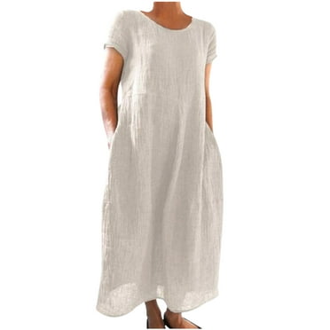Women's Cotton Linen Dress Summer Midi Dresses with Pockets Solid Color ...